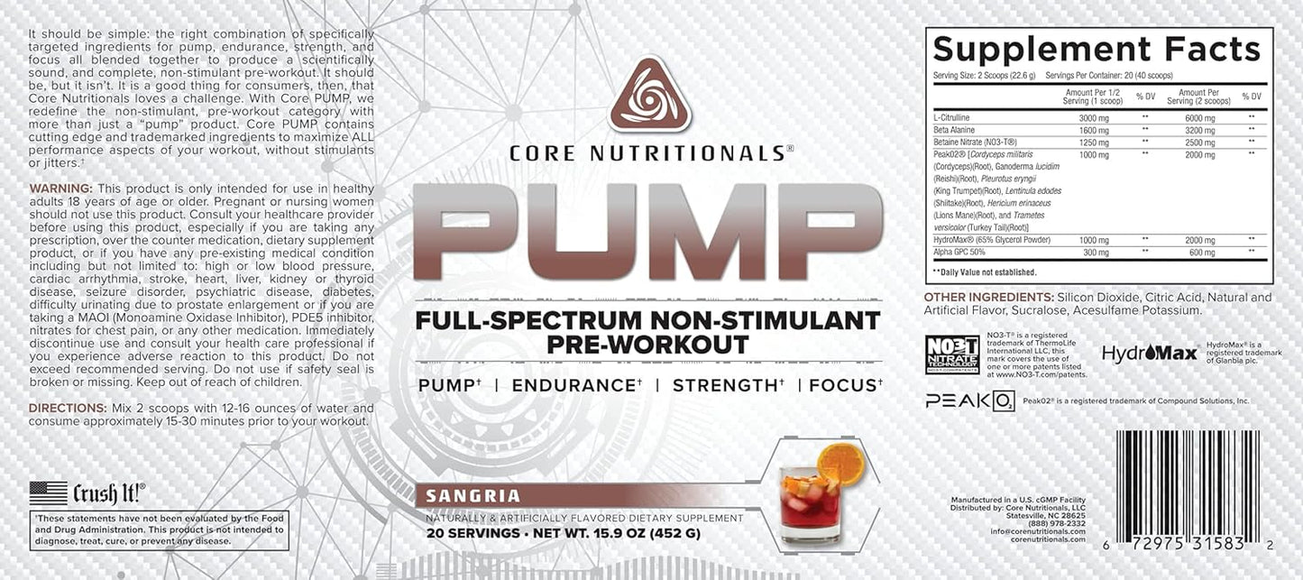 Core Nutritionals Pump Non-Stimulant Pre-Workout Supplement for Maximum Pump, Strength, and Performance - 20 Servings (Sangria)