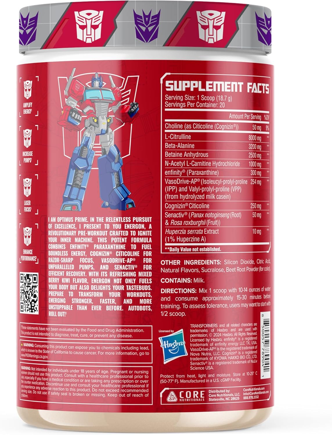Core Nutritionals Transformers Energon Pre Workout Supplement - Mixed Berry Kiwi Flavor - 20 Servings - Includes Optimus Prime Prize
