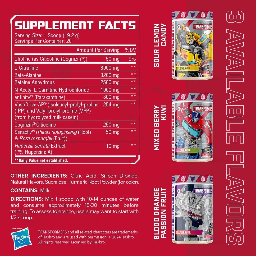 Core Nutritionals Transformers Energon Pre Workout Supplement - Mixed Berry Kiwi Flavor - 20 Servings - Includes Optimus Prime Prize