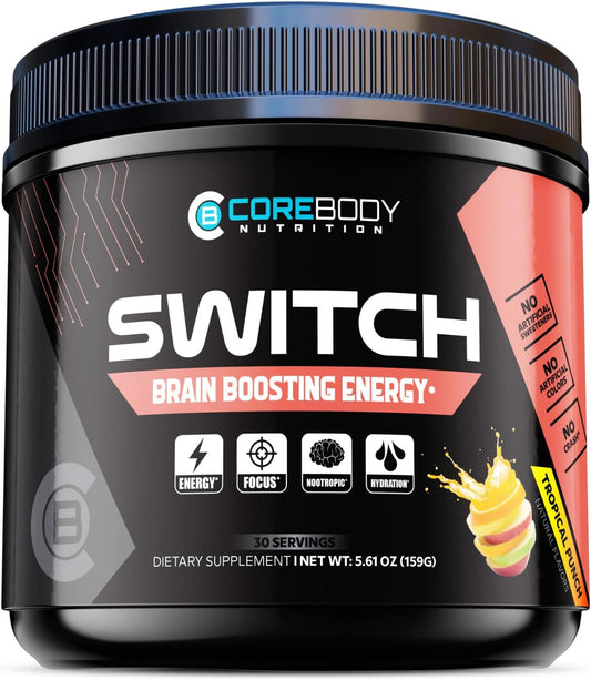 CoreBody Nutrition CoreBody Switch Energy Drink Mix - Tropical Punch Flavor - Sugar Free Energy Booster with Nootropics, Alpha GPC, All Day Energy and Focus - Memory & Focus Supplement