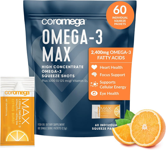 Coromega MAX 2400mg Omega-3 Fish Oil + Vitamin D Squeeze Packets - Wild-Caught, No Fishy Taste - 3X Better Absorption - Brain & Heart Health Support - 60 Servings, Citrus Burst