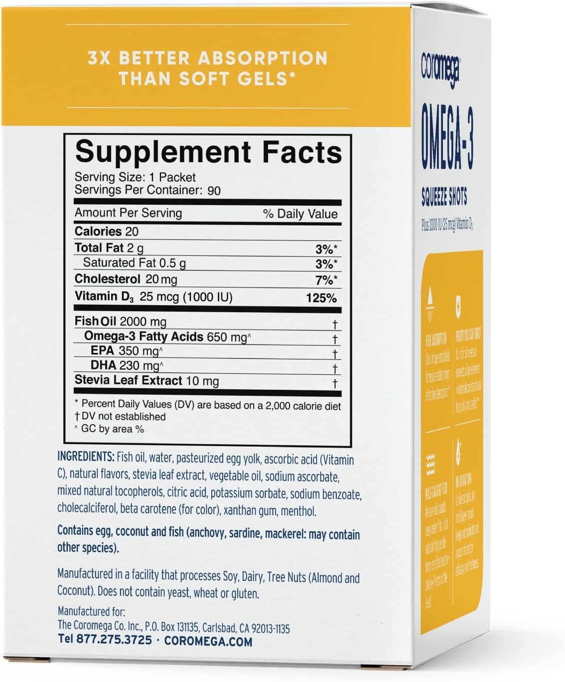 Coromega Omega-3 Fish Oil Supplement with Vitamin D3, Tropical Orange Flavor, 90 Single Serve Packets