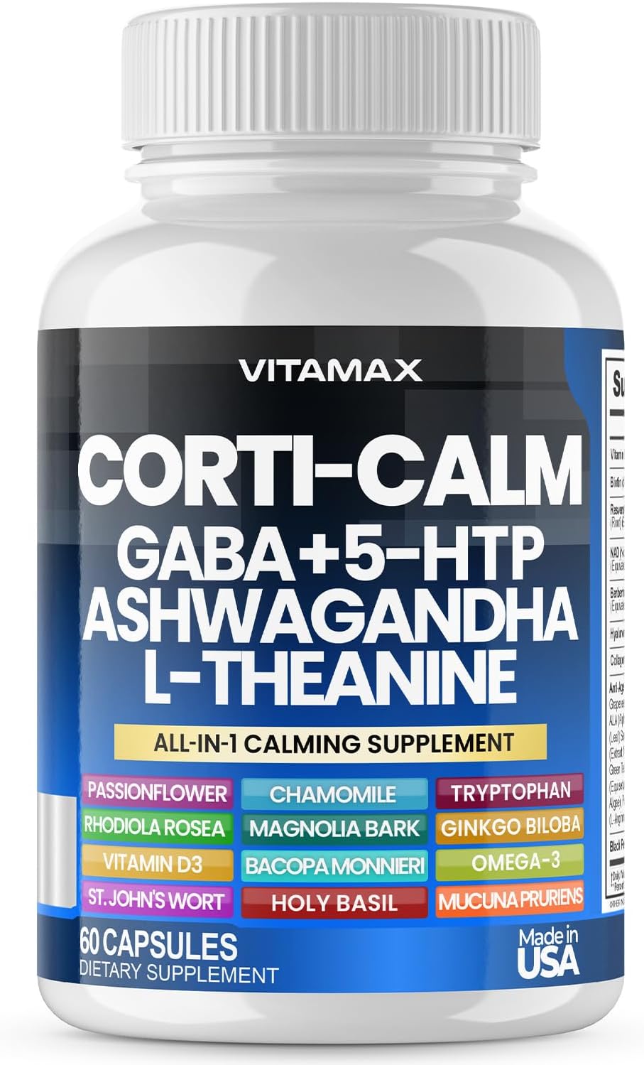 Corti-Calm Stress Relief Supplement with L Theanine, Ashwagandha, GABA, Ginkgo Biloba, Bacopa Monnieri, 5-HTP - 60ct - Non-GMO, Made in USA