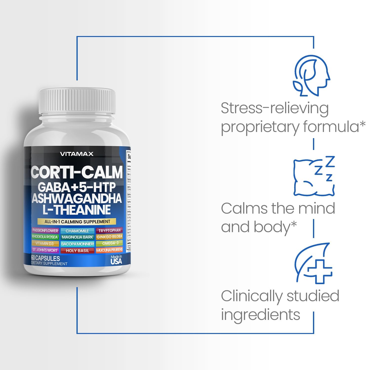 Corti-Calm Stress Relief Supplement with L Theanine, Ashwagandha, GABA, Ginkgo Biloba, Bacopa Monnieri, 5-HTP - 60ct - Non-GMO, Made in USA