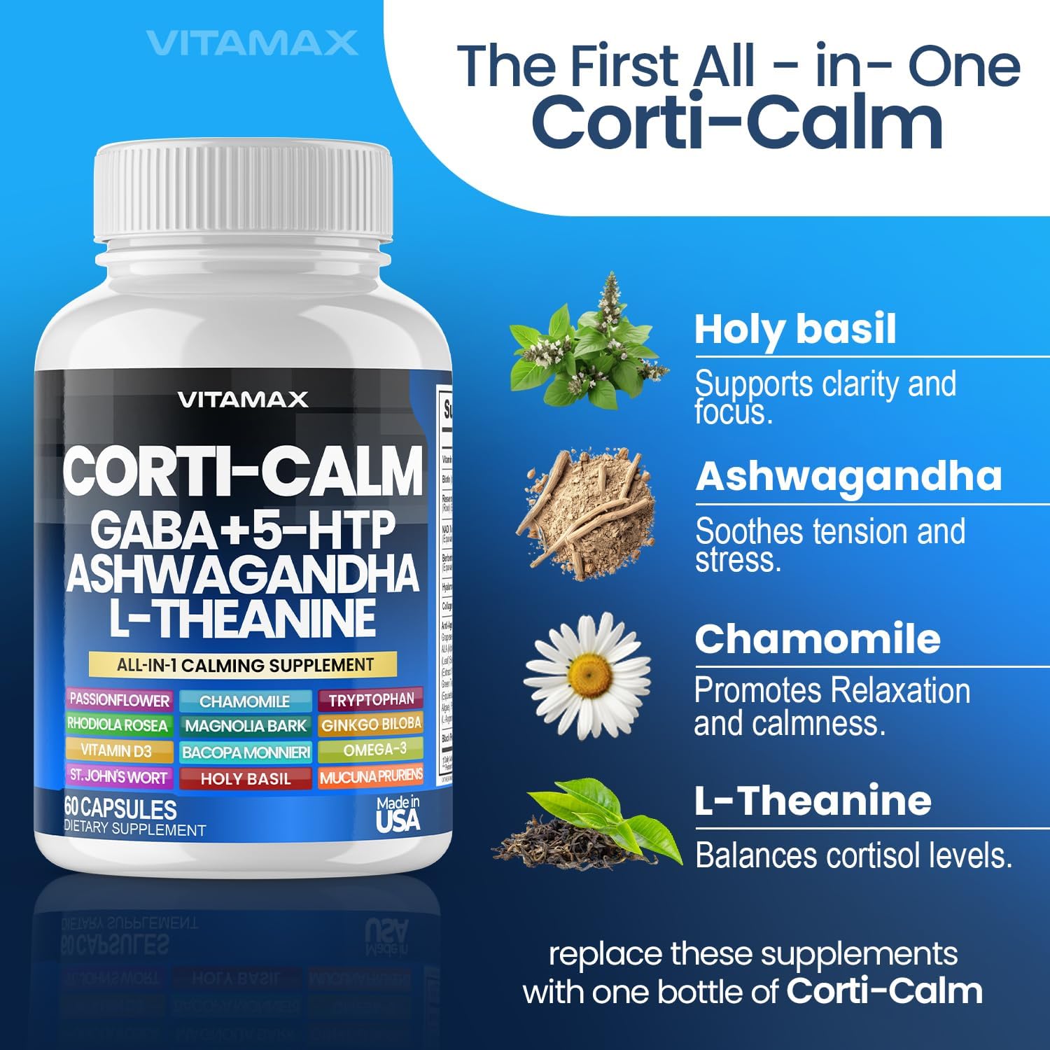 Corti-Calm Stress Relief Supplement with L Theanine, Ashwagandha, GABA, Ginkgo Biloba, Bacopa Monnieri, 5-HTP - 60ct - Non-GMO, Made in USA