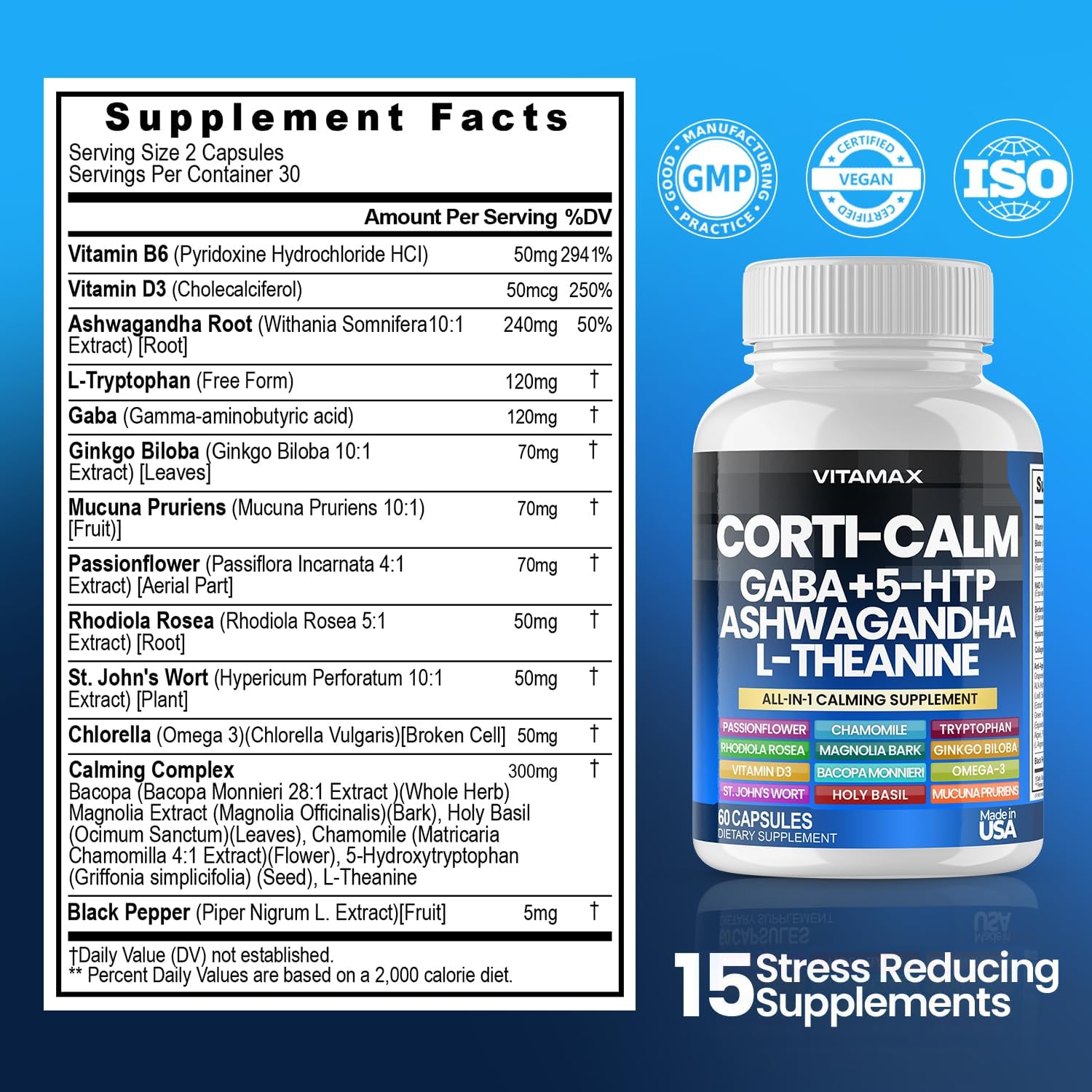 Corti-Calm Stress Relief Supplement with L Theanine, Ashwagandha, GABA, Ginkgo Biloba, Bacopa Monnieri, 5-HTP - 60ct - Non-GMO, Made in USA