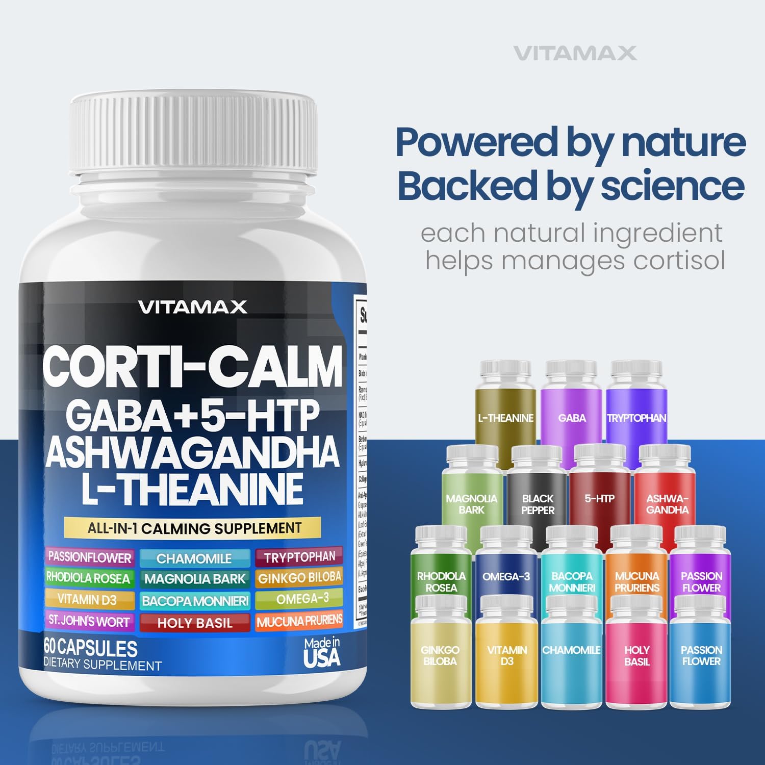 Corti-Calm Stress Relief Supplement with L Theanine, Ashwagandha, GABA, Ginkgo Biloba, Bacopa Monnieri, 5-HTP - 60ct - Non-GMO, Made in USA