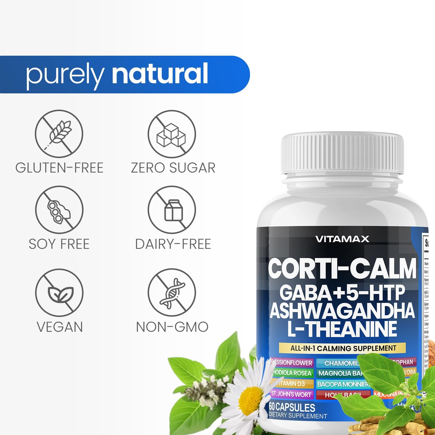 Corti-Calm Stress Relief Supplement with L Theanine, Ashwagandha, GABA, Ginkgo Biloba, Bacopa Monnieri, 5-HTP - 60ct - Non-GMO, Made in USA
