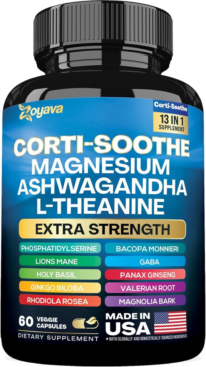 Corti-Soothe Cortisol Manager Supplement with Magnesium, Ashwagandha, and Lions Mane - 60 Capsules