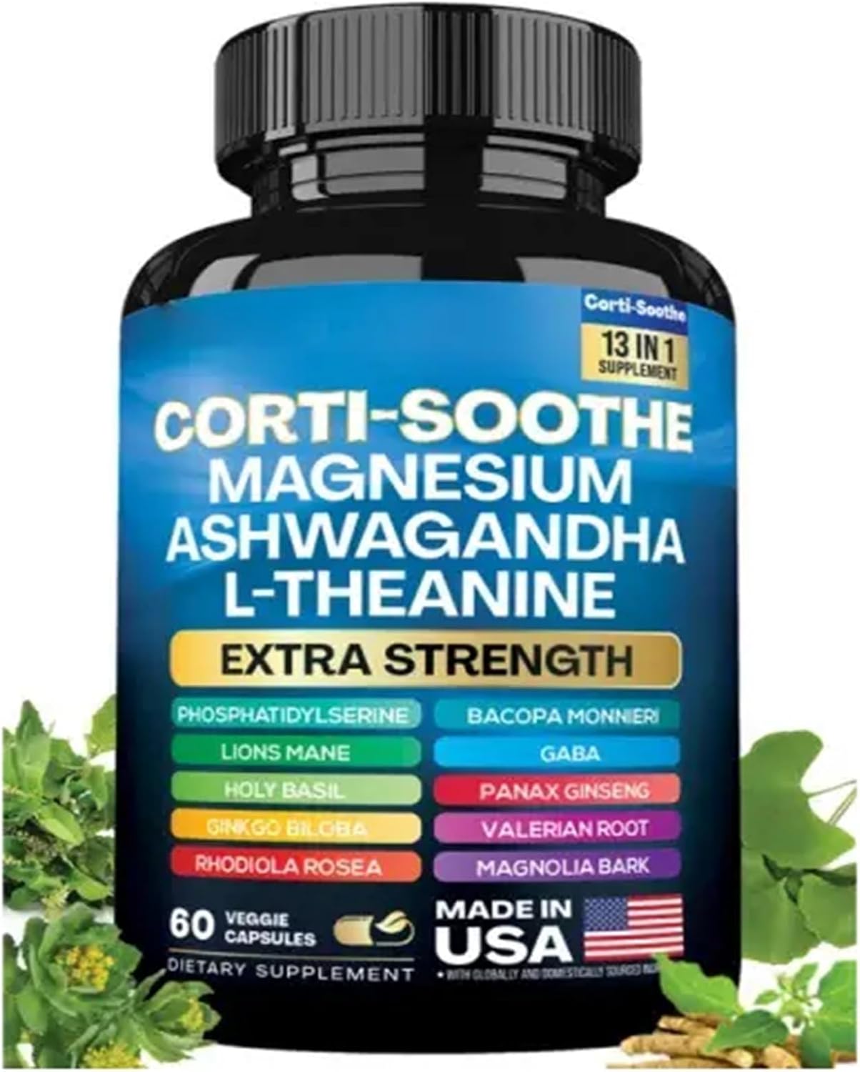 Corti-Soothe Cortisol Manager Supplement with Magnesium, Ashwagandha, and Lions Mane - 60 Capsules