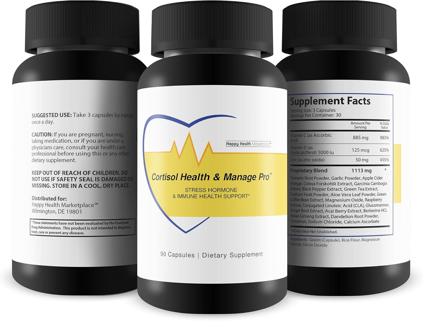 Cortisol Health & Immune Support Supplement - Promotes Healthy Levels & Stress Relief - Vitamin D3, Magnesium, Ginseng, Vitamin C, Zinc - Happy Health Marketplace