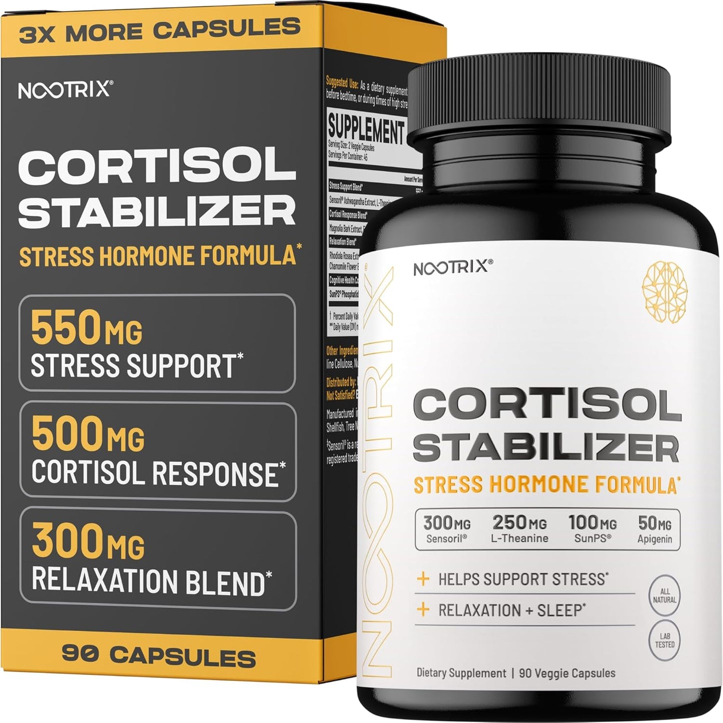 Cortisol Manager Supplement for Deep Sleep & Relaxation - 90 Vegan Capsules with Ashwagandha, L-Theanine, Rhodiola Rosea Extract & Apigenin