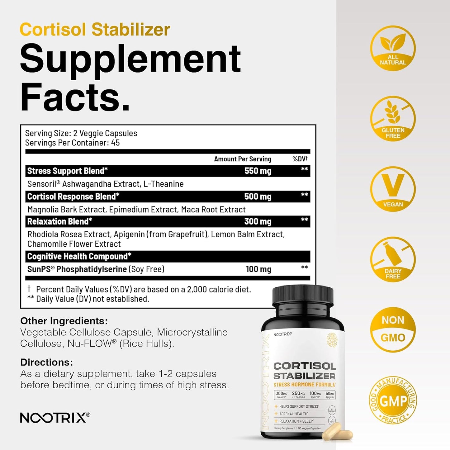 Cortisol Manager Supplement for Deep Sleep & Relaxation - 90 Vegan Capsules with Ashwagandha, L-Theanine, Rhodiola Rosea Extract & Apigenin
