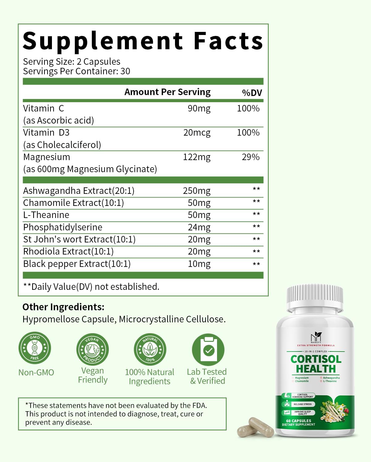 Cortisol Manager Supplement with Ashwagandha & Magnesium - Stress Relief & Cortisol Health - 60 Capsules