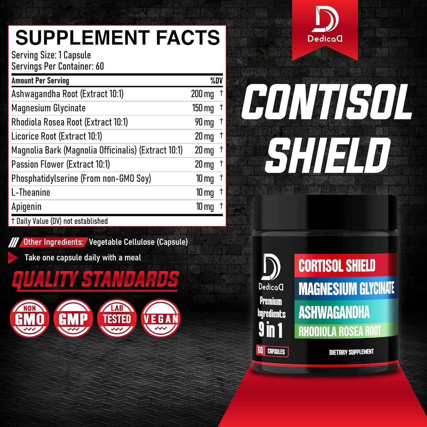 Cortisol Shield Supplement - 9in1 Formula with Magnesium Glycinate, Ashwagandha, Rhodiola, and More for Restful Sleep and Mood Balance - 60 Capsules