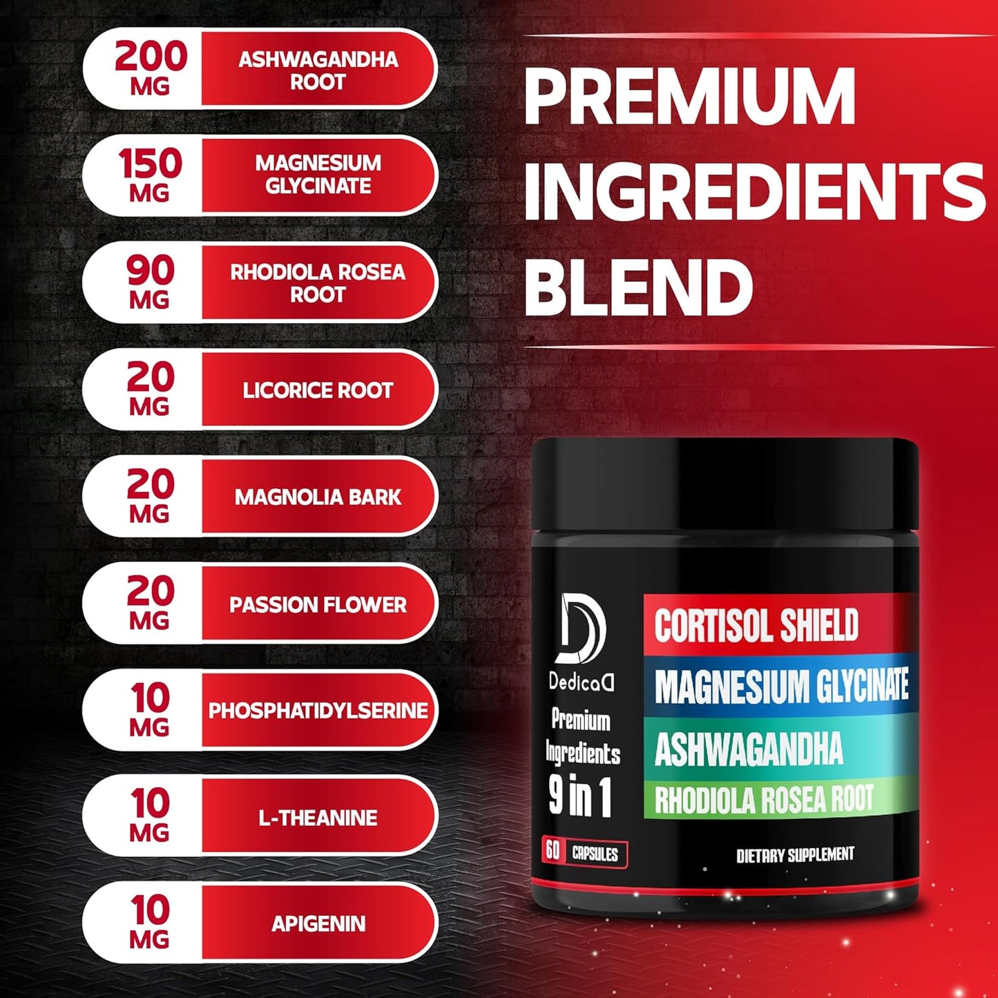Cortisol Shield Supplement - 9in1 Formula with Magnesium Glycinate, Ashwagandha, Rhodiola, and More for Restful Sleep and Mood Balance - 60 Capsules