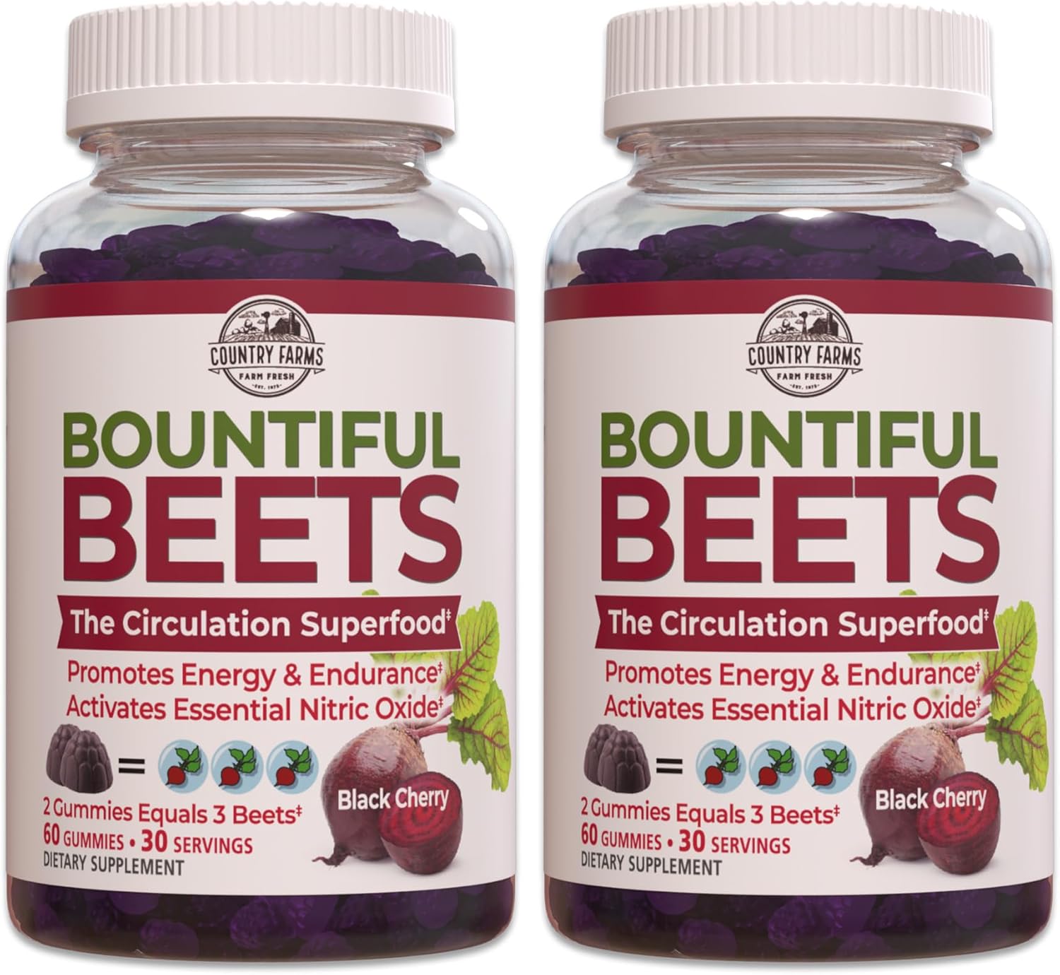 COUNTRY FARMS Bountiful Beets Gummies: Natural Energy Boost, Circulation Support, Nitric Oxide Supplement, 120 Count (2 Pack)