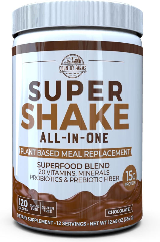 Country Farms Chocolate Super Shake Meal Replacement with 15g Plant Protein, Superfoods, Vitamins, Probiotics, Prebiotics - 12 Servings, 12.48 Oz