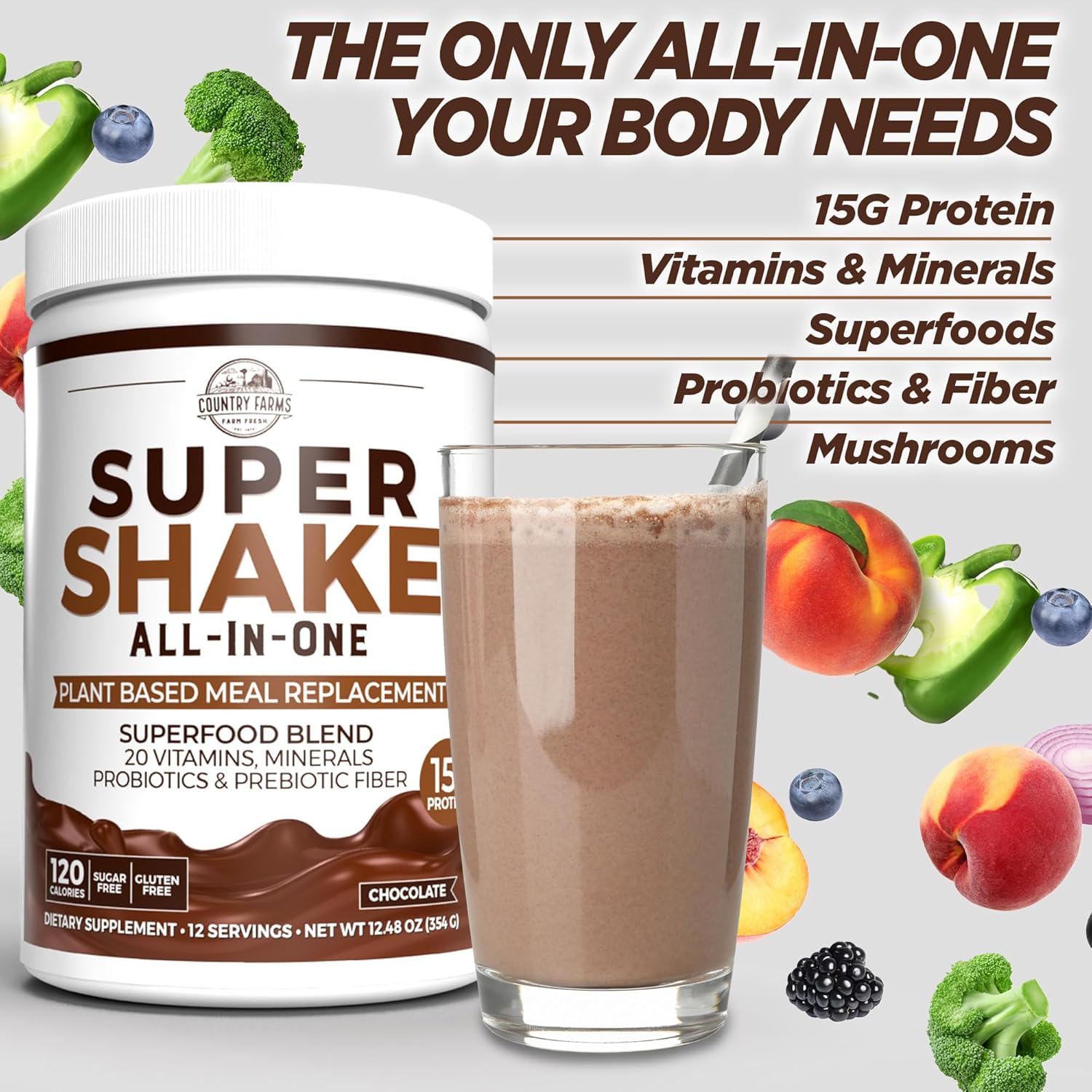 Country Farms Chocolate Super Shake Meal Replacement with 15g Plant Protein, Superfoods, Vitamins, Probiotics, Prebiotics - 12 Servings, 12.48 Oz
