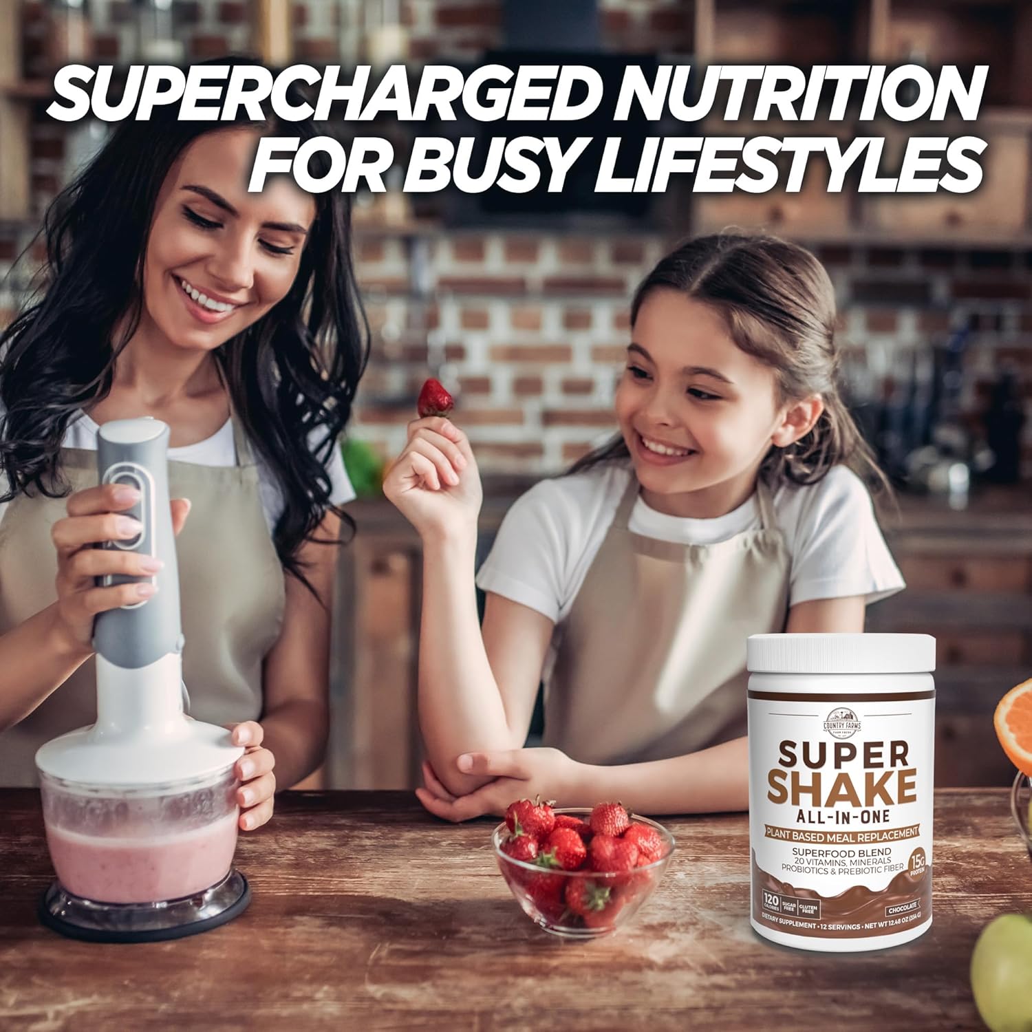 Country Farms Chocolate Super Shake Meal Replacement with 15g Plant Protein, Superfoods, Vitamins, Probiotics, Prebiotics - 12 Servings, 12.48 Oz