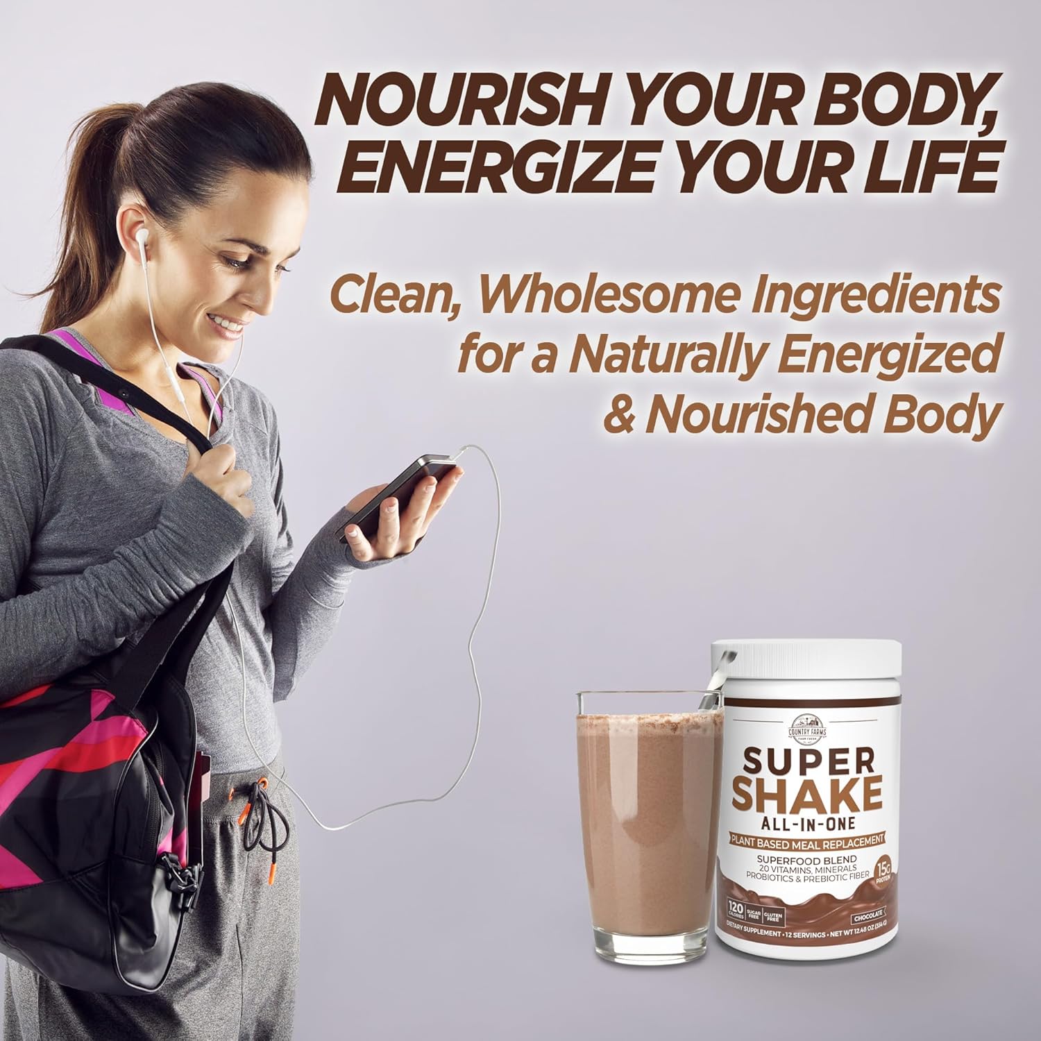 Country Farms Chocolate Super Shake Meal Replacement with 15g Plant Protein, Superfoods, Vitamins, Probiotics, Prebiotics - 12 Servings, 12.48 Oz