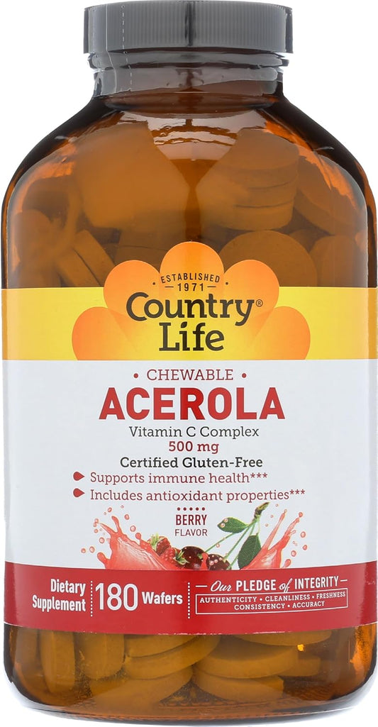 Country Life Acerola Vitamin C Complex 500mg Chewable Wafers - Berry Flavor - 180 Wafers - Gluten Free & Vegan Certified - Immune Health Support