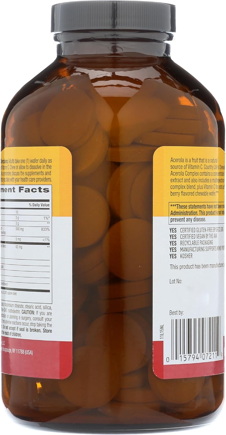 Country Life Acerola Vitamin C Complex 500mg Chewable Wafers - Berry Flavor - 180 Wafers - Gluten Free & Vegan Certified - Immune Health Support