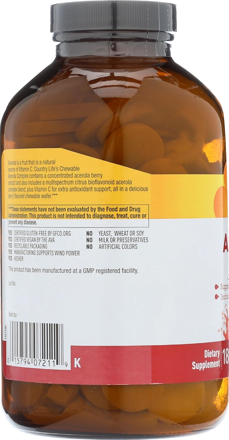 Country Life Acerola Vitamin C Complex 500mg Chewable Wafers - Berry Flavor - 180 Wafers - Gluten Free & Vegan Certified - Immune Health Support