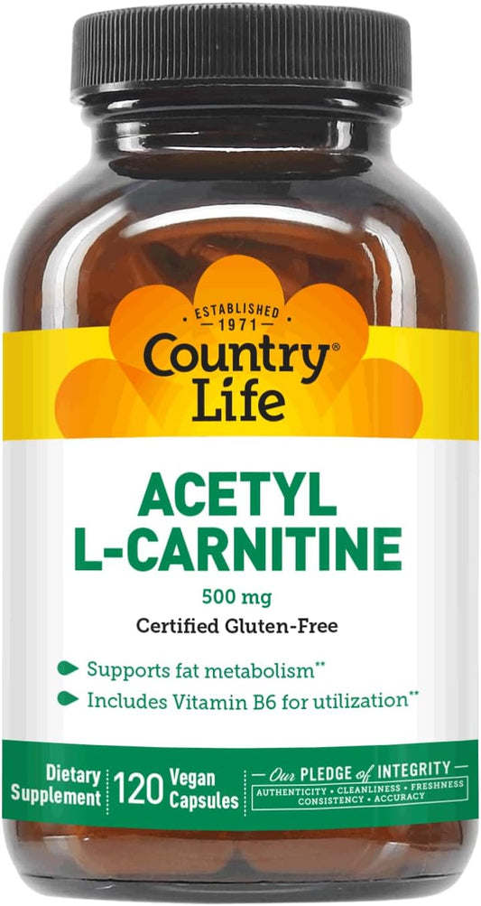 Country Life Acetyl L-Carnitine 500mg Capsules with B-6 - 120 Vegan Capsules