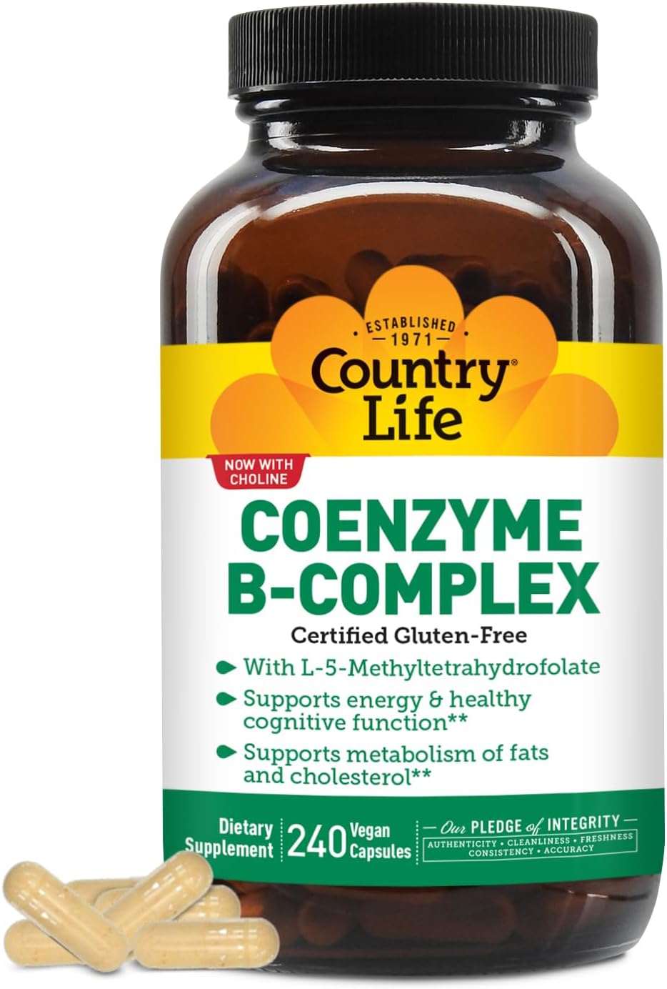 Country Life Coenzyme B Vitamin Complex Caps with Methylfolate & Vitamin B12 for Energy, Cognitive Function, Cholesterol, Gluten Free, Vegan, Kosher