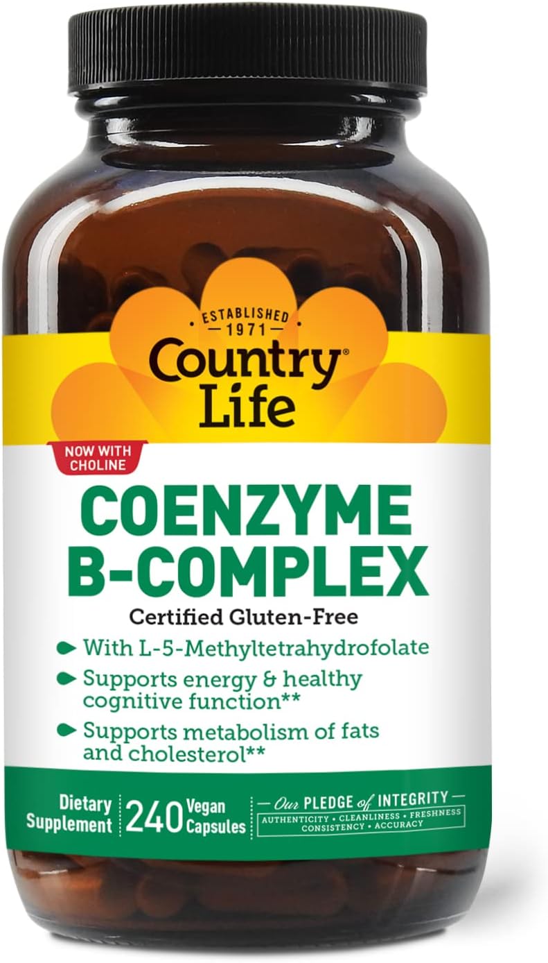 Country Life Coenzyme B Vitamin Complex Caps with Methylfolate & Vitamin B12 for Energy, Cognitive Function, Cholesterol, Gluten Free, Vegan, Kosher