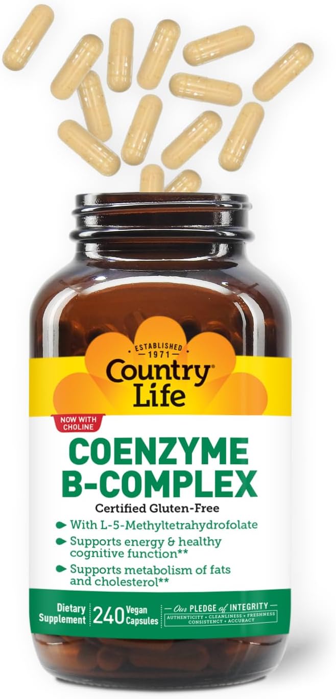 Country Life Coenzyme B Vitamin Complex Caps with Methylfolate & Vitamin B12 for Energy, Cognitive Function, Cholesterol, Gluten Free, Vegan, Kosher