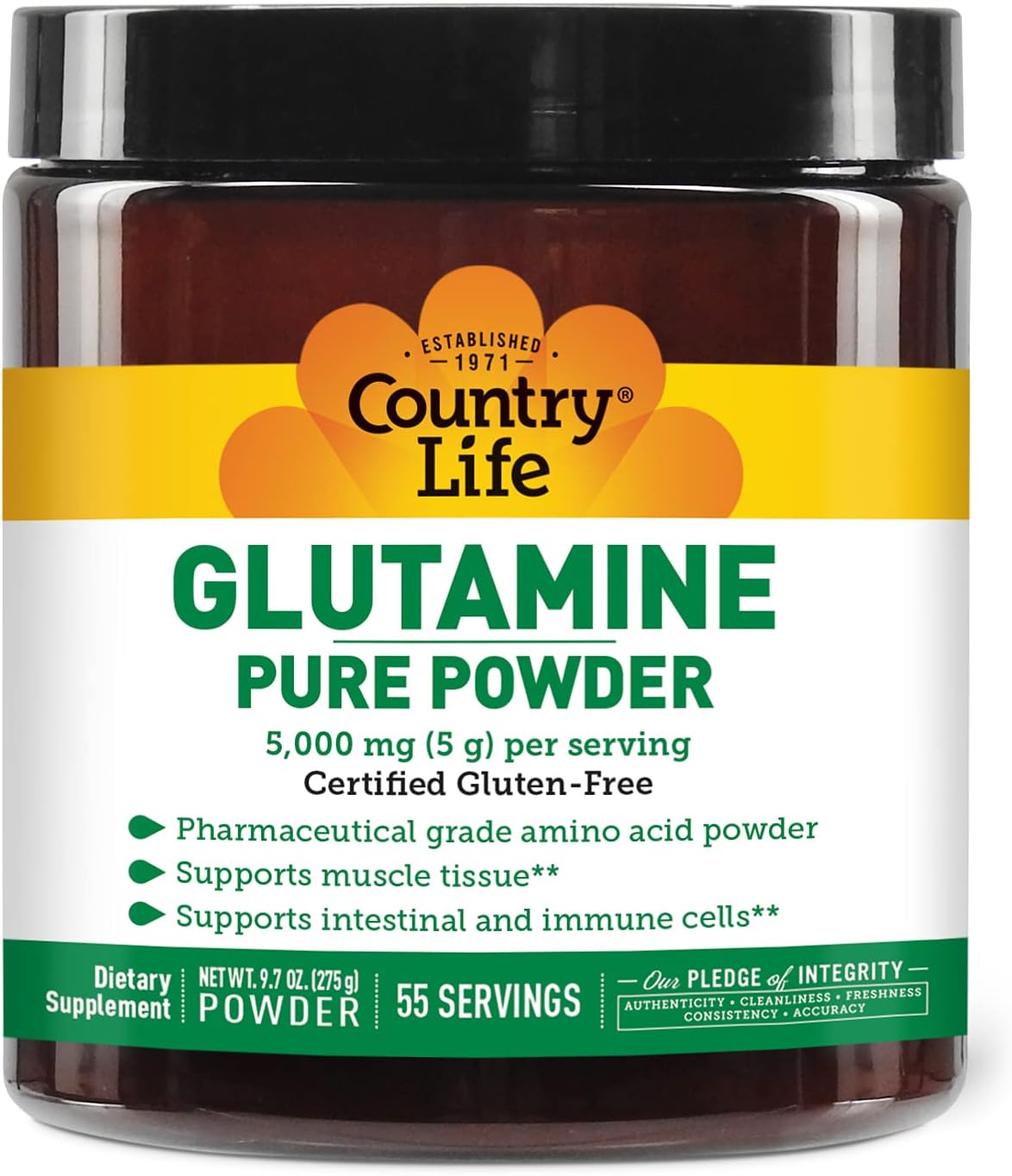Country Life Glutamine Pure Powder - 5000mg L-Glutamine Supplement for Muscle, Gut, and Immune Health - Gluten-Free - Ideal for Pre/Post Workout - 55 Servings, 9.7oz