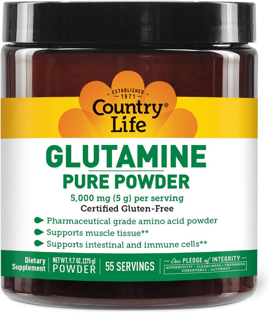 Country Life Glutamine Pure Powder - 5000mg L-Glutamine Supplement for Muscle, Gut, and Immune Health - Gluten-Free - Ideal for Pre/Post Workout - 55 Servings, 9.7oz