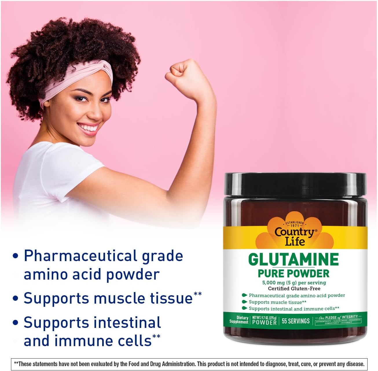 Country Life Glutamine Pure Powder - 5000mg L-Glutamine Supplement for Muscle, Gut, and Immune Health - Gluten-Free - Ideal for Pre/Post Workout - 55 Servings, 9.7oz