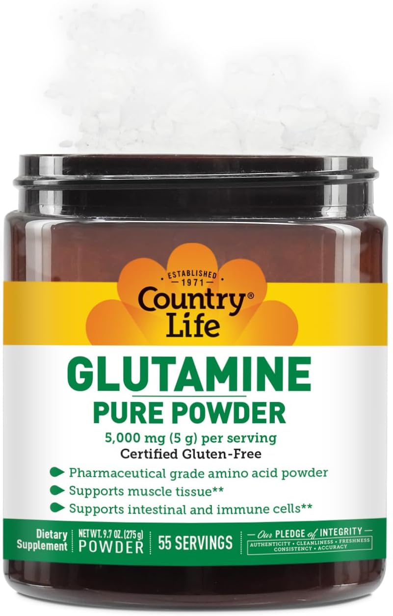 Country Life Glutamine Pure Powder - 5000mg L-Glutamine Supplement for Muscle, Gut, and Immune Health - Gluten-Free - Ideal for Pre/Post Workout - 55 Servings, 9.7oz
