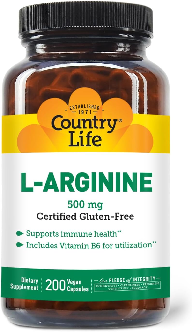 Country Life L-Arginine Capsules with Vitamin B-6 - 500mg, 200 Vegan Capsules - Gluten Free & Vegan Certified