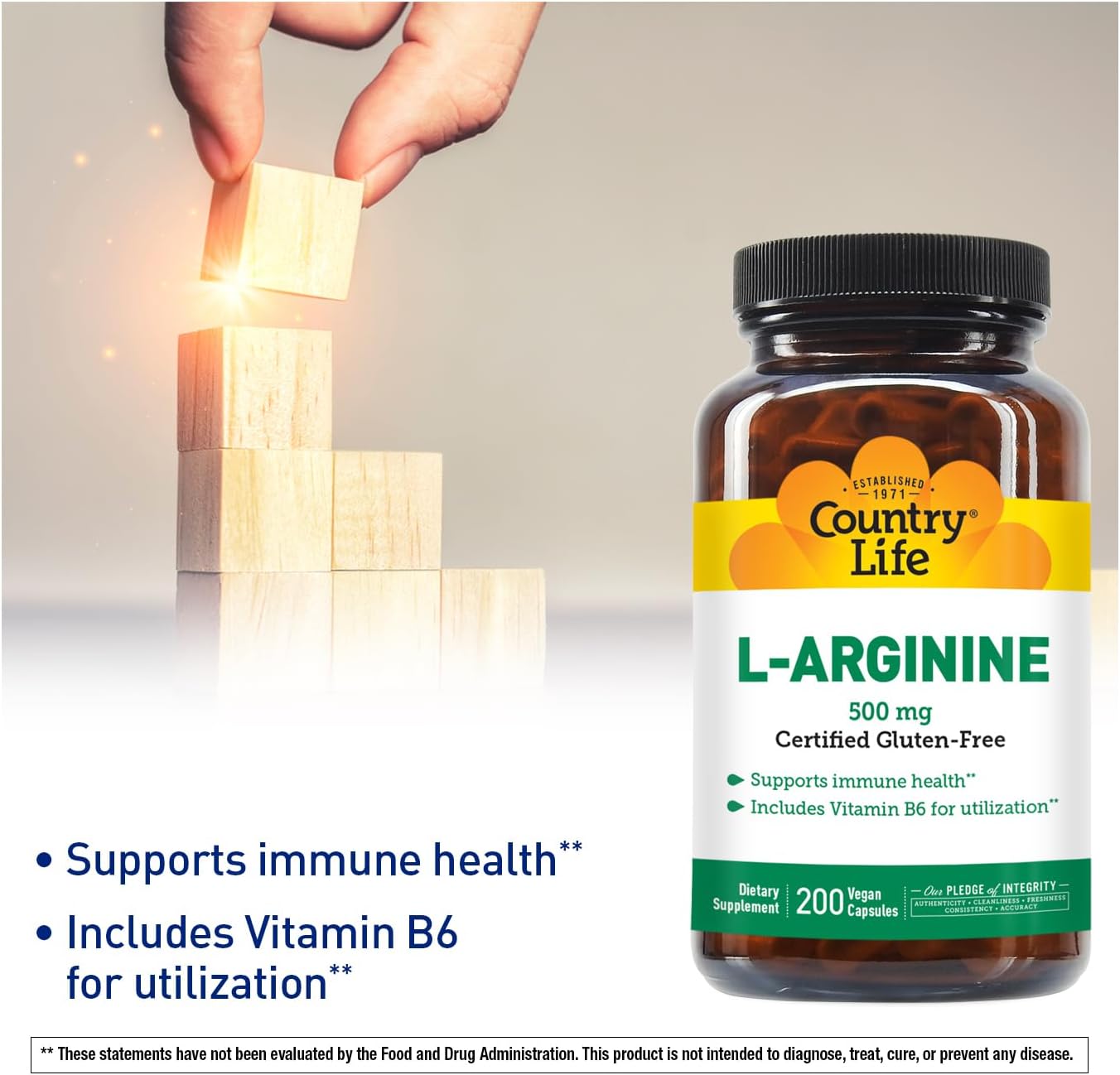 Country Life L-Arginine Capsules with Vitamin B-6 - 500mg, 200 Vegan Capsules - Gluten Free & Vegan Certified