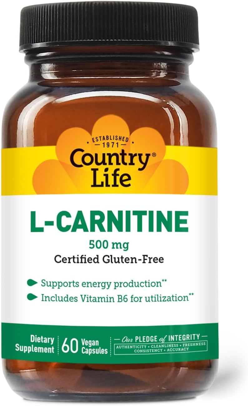 Country Life L-Carnitine Capsules 500mg with Vitamin B6 - 60 Capsules, Gluten-Free, Vegan-Friendly Energy Support