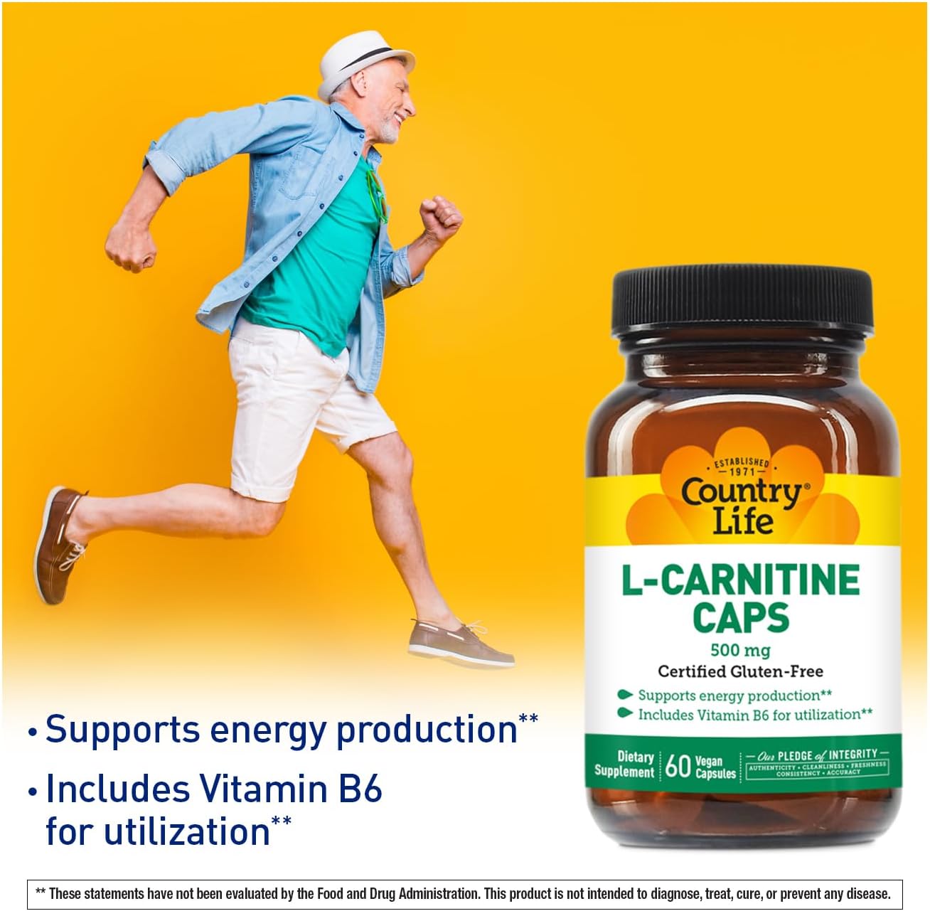 Country Life L-Carnitine Capsules 500mg with Vitamin B6 - 60 Capsules, Gluten-Free, Vegan-Friendly Energy Support