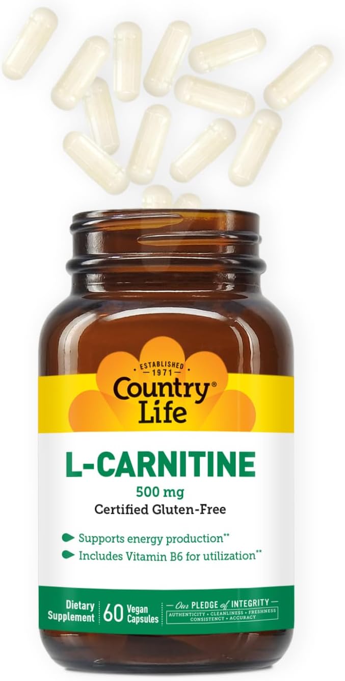 Country Life L-Carnitine Capsules 500mg with Vitamin B6 - 60 Capsules, Gluten-Free, Vegan-Friendly Energy Support