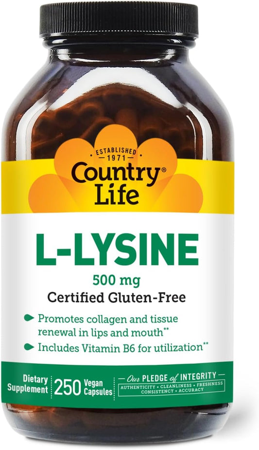 Country Life L-Lysine 500mg with B-6 for Immune Health and Collagen Renewal, 250 Vegan Capsules