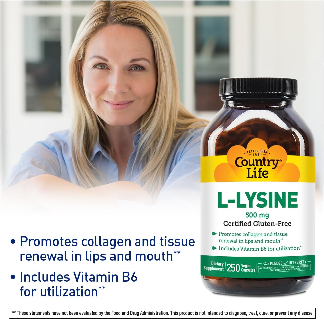 Country Life L-Lysine 500mg with B-6 for Immune Health and Collagen Renewal, 250 Vegan Capsules