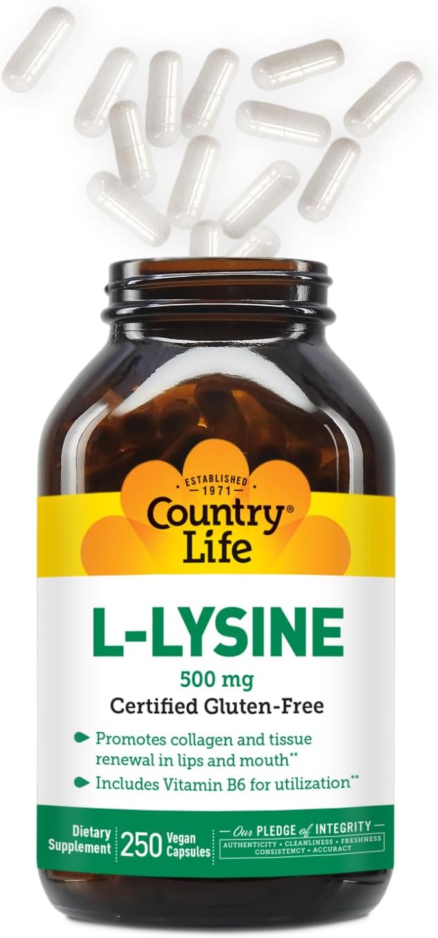 Country Life L-Lysine 500mg with B-6 for Immune Health and Collagen Renewal, 250 Vegan Capsules