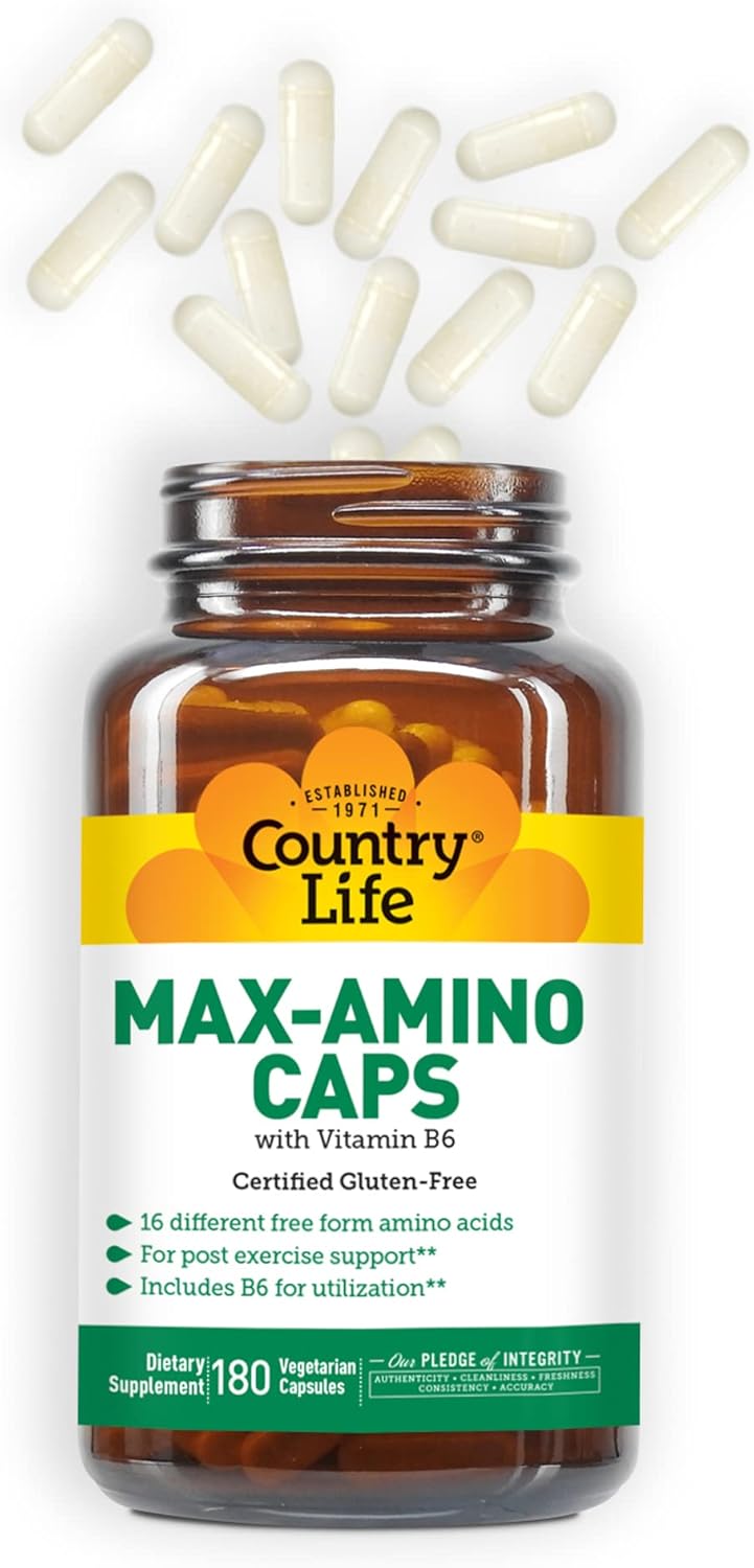 Country Life Maxi-Amino: 180 Vegetarian Capsules with 16 Free Form Amino Acids, Gluten Free & Vegetarian Certified