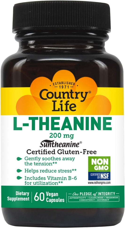 Country Life Suntheanine L-Theanine Capsules for Stress Relief & Relaxation - Gluten-Free Inositol Support - 60 Count