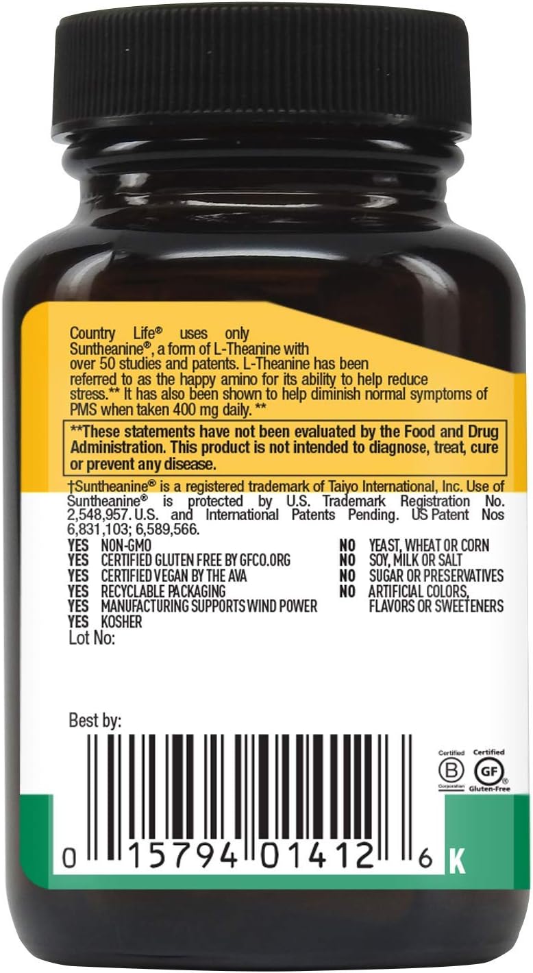Country Life Suntheanine L-Theanine Capsules for Stress Relief & Relaxation - Gluten-Free Inositol Support - 60 Count