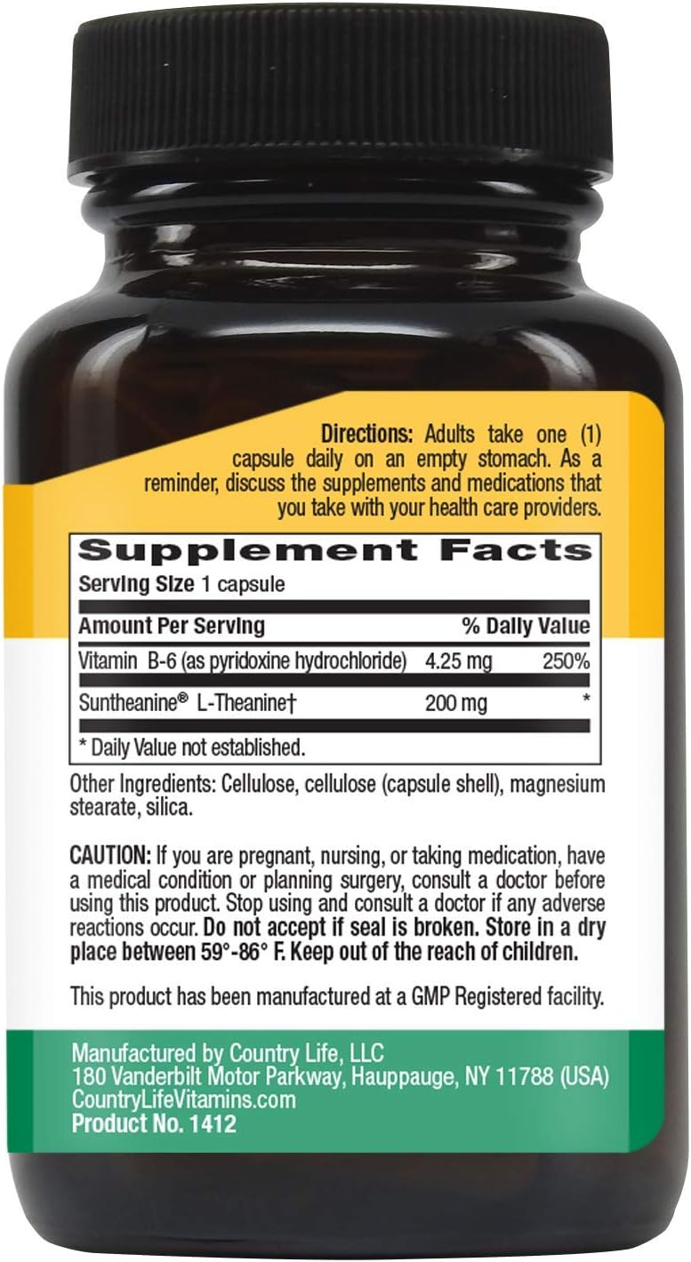 Country Life Suntheanine L-Theanine Capsules for Stress Relief & Relaxation - Gluten-Free Inositol Support - 60 Count