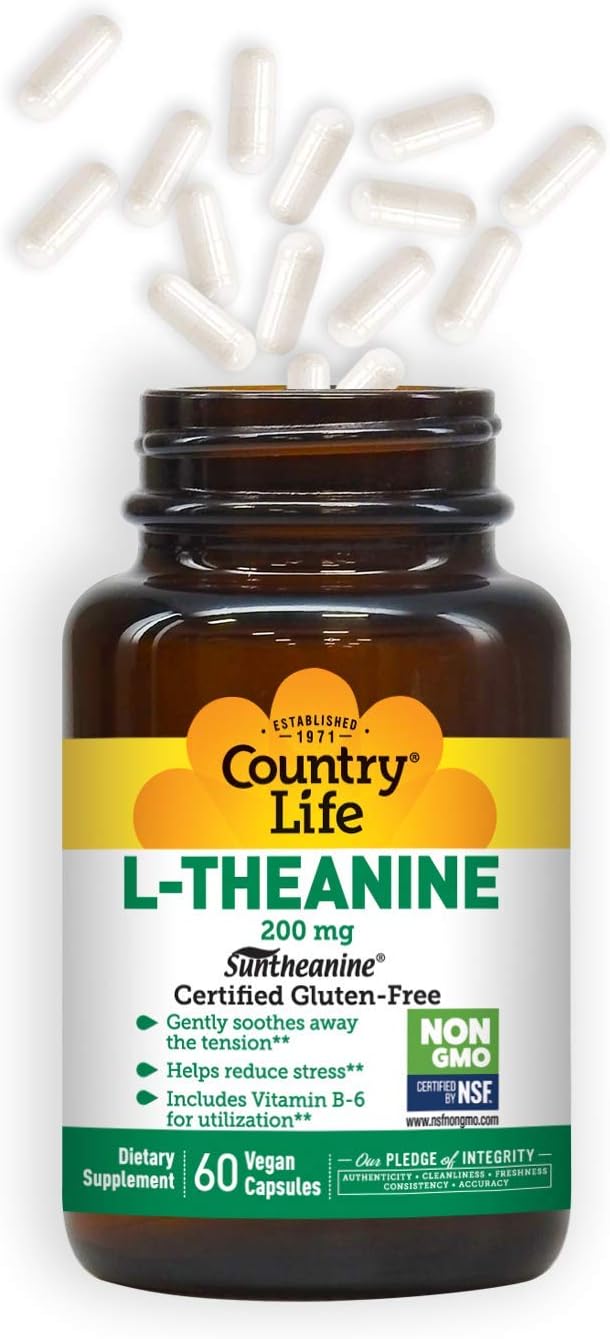 Country Life Suntheanine L-Theanine Capsules for Stress Relief & Relaxation - Gluten-Free Inositol Support - 60 Count