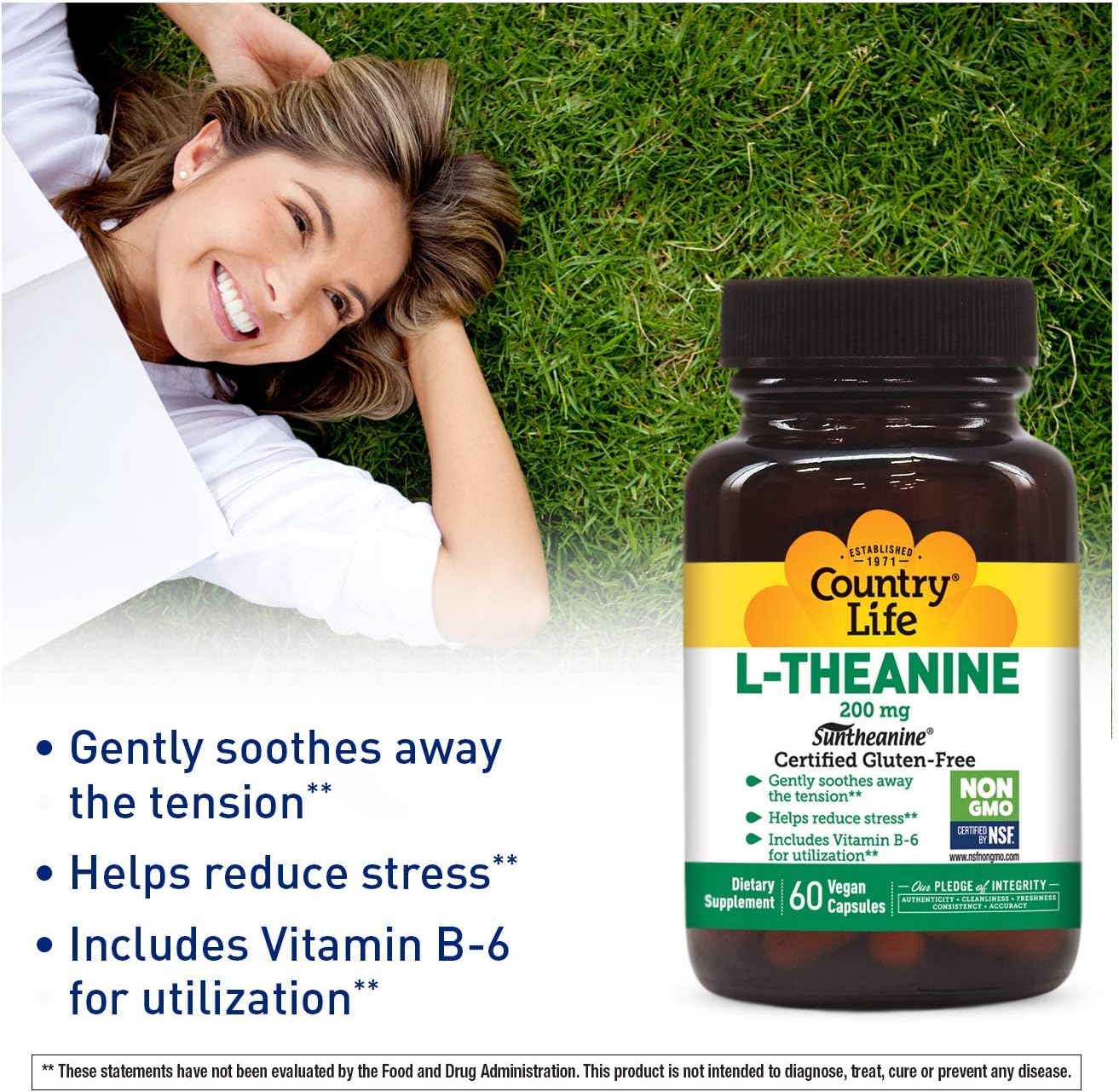 Country Life Suntheanine L-Theanine Capsules for Stress Relief & Relaxation - Gluten-Free Inositol Support - 60 Count